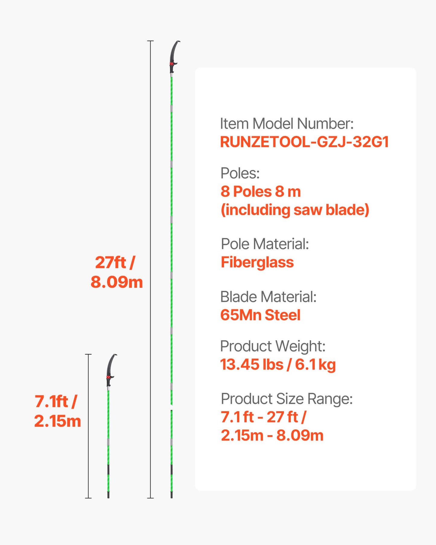 Manual Pole Saw, 3.87-27 ft Extendable Pole Tree Pruner, Sharp 65Mn Steel Blade, Lightweight Fiberglass Handle Pole, Double-Hook Saw for High Branch Trimming, Pruning Tool for Palms, Shrubs