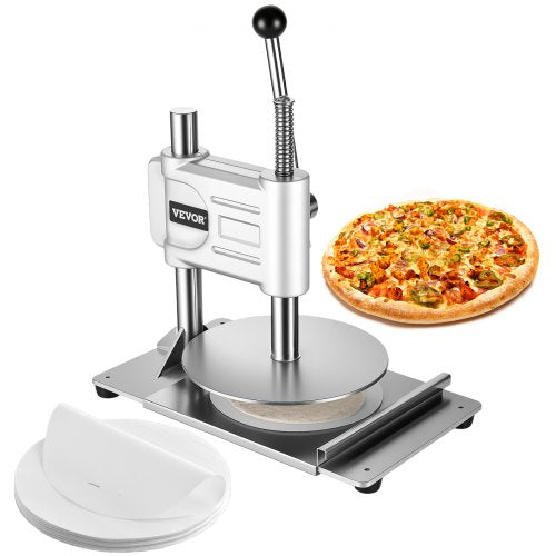 Manual Pizza Dough Press Machine, 9.5 inch Pizza Pastry Press Plate, Stainless Steel Bread Presser, Commercial Chapati Sheet Crust Maker, Forming Machine with Handle and 100 Pcs Parchment Paper