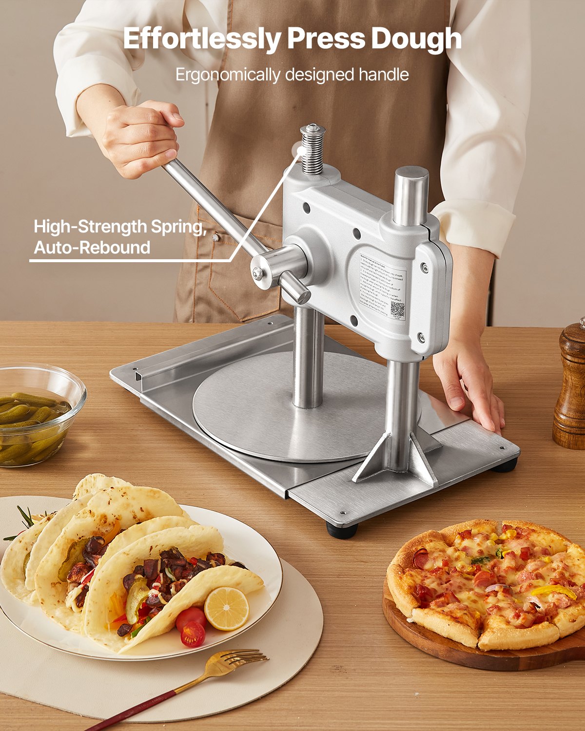 Manual Pizza Dough Press Machine, 9.5 inch Pizza Pastry Press Plate, Stainless Steel Bread Presser, Commercial Chapati Sheet Crust Maker, Forming Machine with Handle and 100 Pcs Parchment Paper