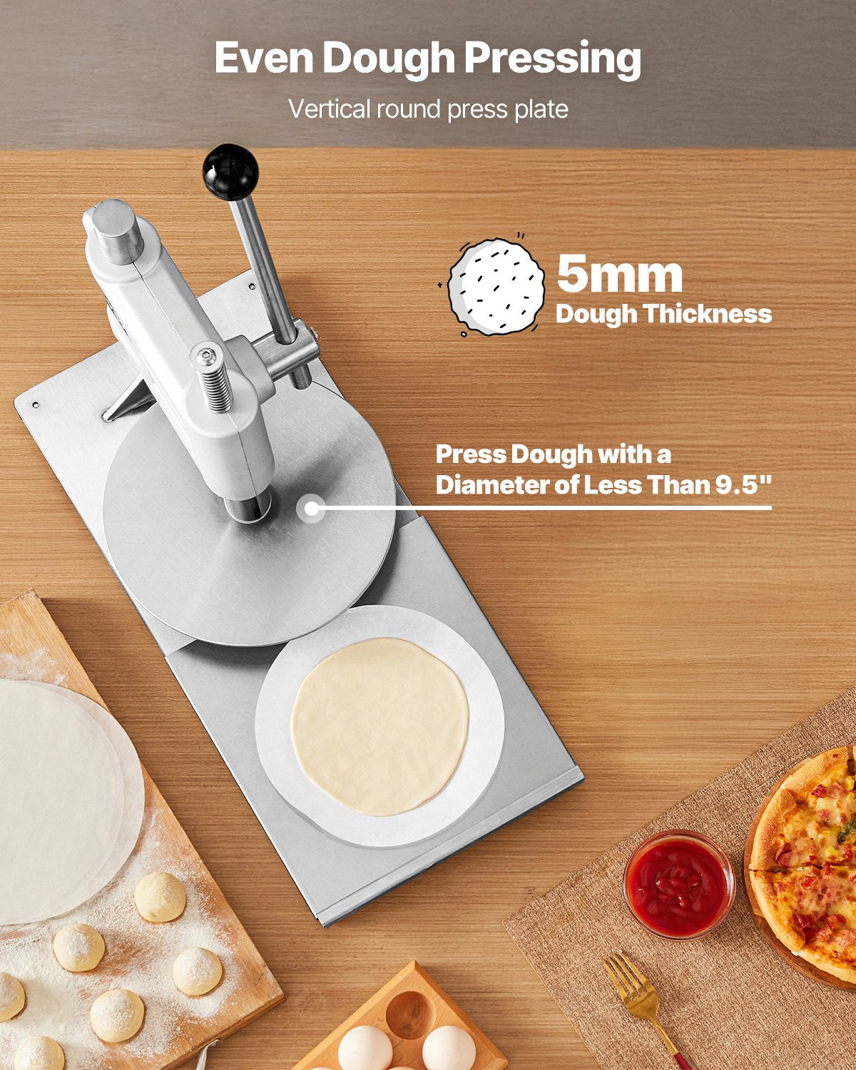 Manual Pizza Dough Press Machine, 9.5 inch Pizza Pastry Press Plate, Stainless Steel Bread Presser, Commercial Chapati Sheet Crust Maker, Forming Machine with Handle and 100 Pcs Parchment Paper