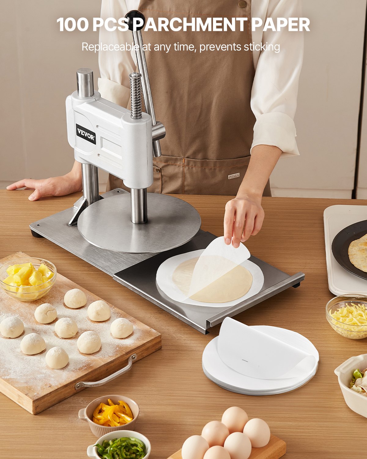 Manual Pizza Dough Press Machine, 9.5 inch Pizza Pastry Press Plate, Stainless Steel Bread Presser, Commercial Chapati Sheet Crust Maker, Forming Machine with Handle and 100 Pcs Parchment Paper