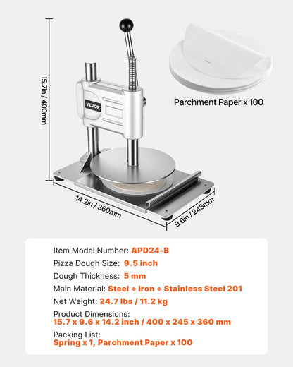 Manual Pizza Dough Press Machine, 9.5 inch Pizza Pastry Press Plate, Stainless Steel Bread Presser, Commercial Chapati Sheet Crust Maker, Forming Machine with Handle and 100 Pcs Parchment Paper