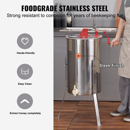 Manual honey extractor, 2/4 frames honey spinner extractor, stainless steel beekeeping extractor, honeycomb drum spinner with lid, apiary centrifuge equipment with height adjustable stand