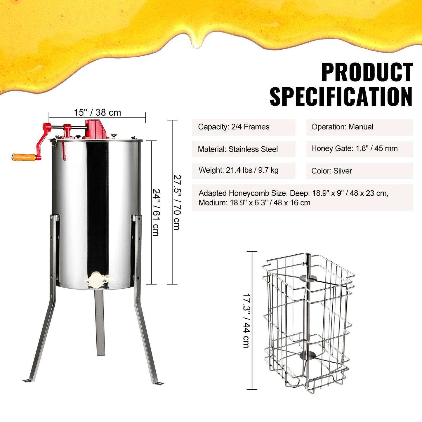 Manual honey extractor, 2/4 frames honey spinner extractor, stainless steel beekeeping extractor, honeycomb drum spinner with lid, apiary centrifuge equipment with height adjustable stand