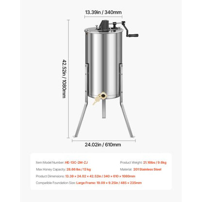 Manual Honey Extractor with 2 Frames Honey Spinner Beekeeping Stainless Steel | EU