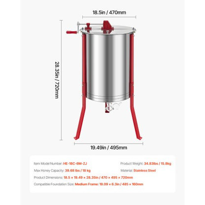 Manual Honey Extractor 6 Frames Honey Spinner Beekeeping Stainless Steel