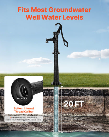 Well Hand Pitcher Pump, 20 ft Max Lift, Antique Cast Iron Manual Hand Water Pump with Heightening Base, NPT 1-1/4 in Connection, Easy Installation, for Outdoor Garden, Pond, Yard, Farm, Black