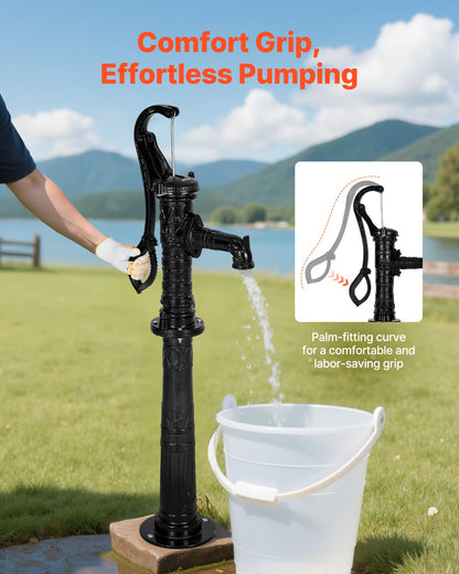 Well Hand Pitcher Pump, 20 ft Max Lift, Antique Cast Iron Manual Hand Water Pump with Heightening Base, NPT 1-1/4 in Connection, Easy Installation, for Outdoor Garden, Pond, Yard, Farm, Black