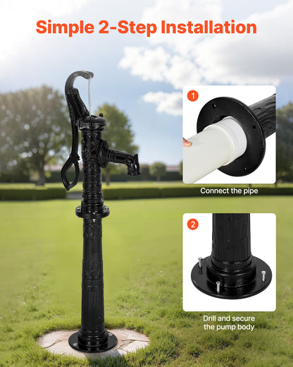 Well Hand Pitcher Pump, 20 ft Max Lift, Antique Cast Iron Manual Hand Water Pump with Heightening Base, NPT 1-1/4 in Connection, Easy Installation, for Outdoor Garden, Pond, Yard, Farm, Black