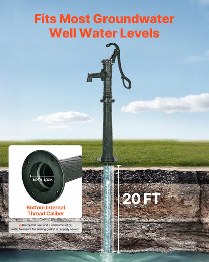 Well Hand Pitcher Pump, 20 ft Max Lift, Antique Cast Iron Manual Hand Water Pump with Heightening Base, NPT 1-1/4 in Connection, Easy Installation, for Outdoor Garden, Pond, Yard, Farm, Green