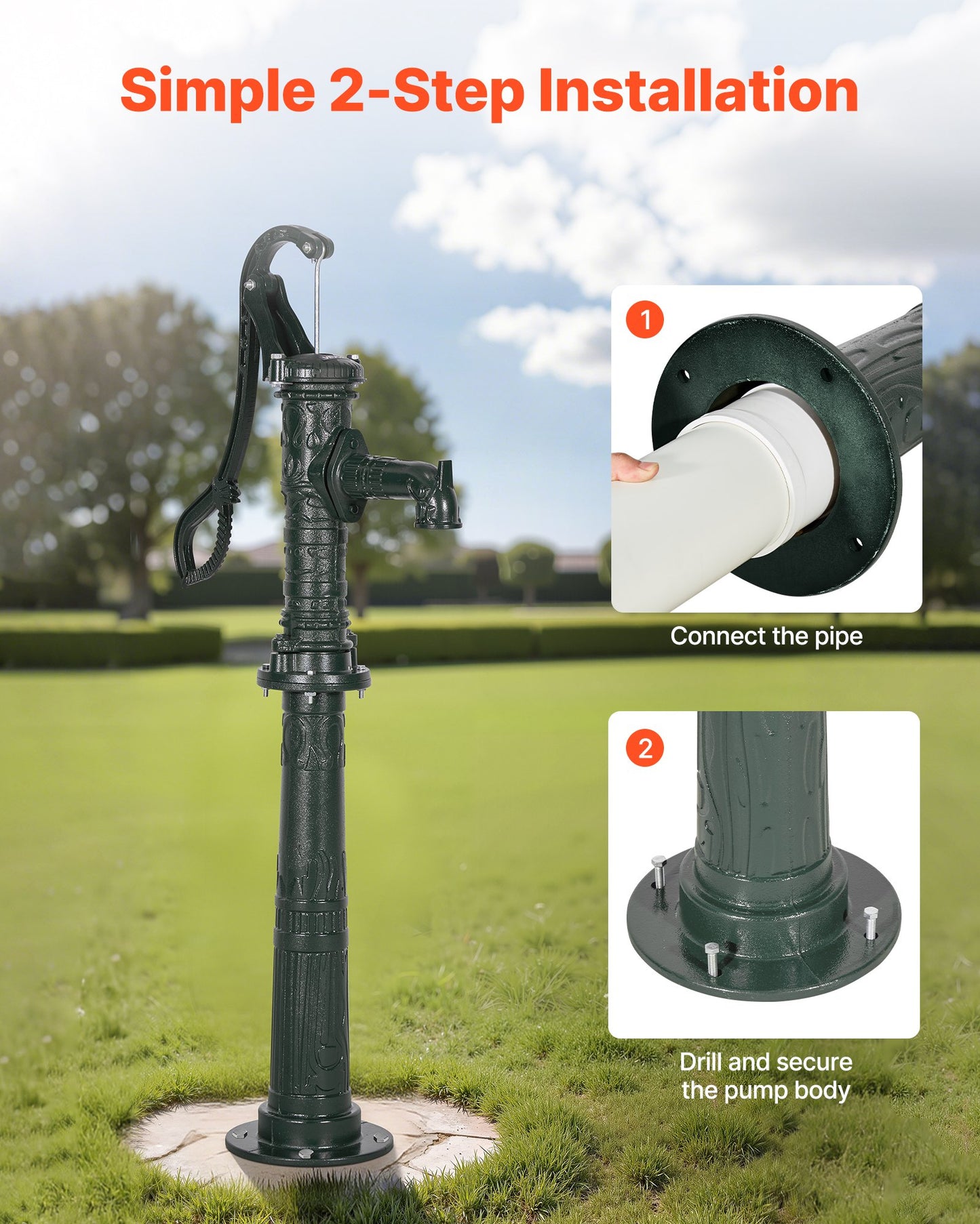 Well Hand Pitcher Pump, 20 ft Max Lift, Antique Cast Iron Manual Hand Water Pump with Heightening Base, NPT 1-1/4 in Connection, Easy Installation, for Outdoor Garden, Pond, Yard, Farm, Green