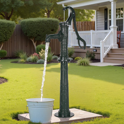 Well Hand Pitcher Pump, 20 ft Max Lift, Antique Cast Iron Manual Hand Water Pump with Heightening Base, NPT 1-1/4 in Connection, Easy Installation, for Outdoor Garden, Pond, Yard, Farm, Green