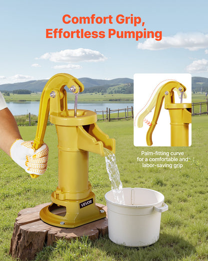Well Hand Pitcher Pump, 25 ft Maximum Lift, Antique Cast Iron Manual Hand Water Pump, NPT 1-1/4 in Connection, Easy Installation, Old Fashioned for Outdoor Garden, Pond, Backyard, Farm, Yellow