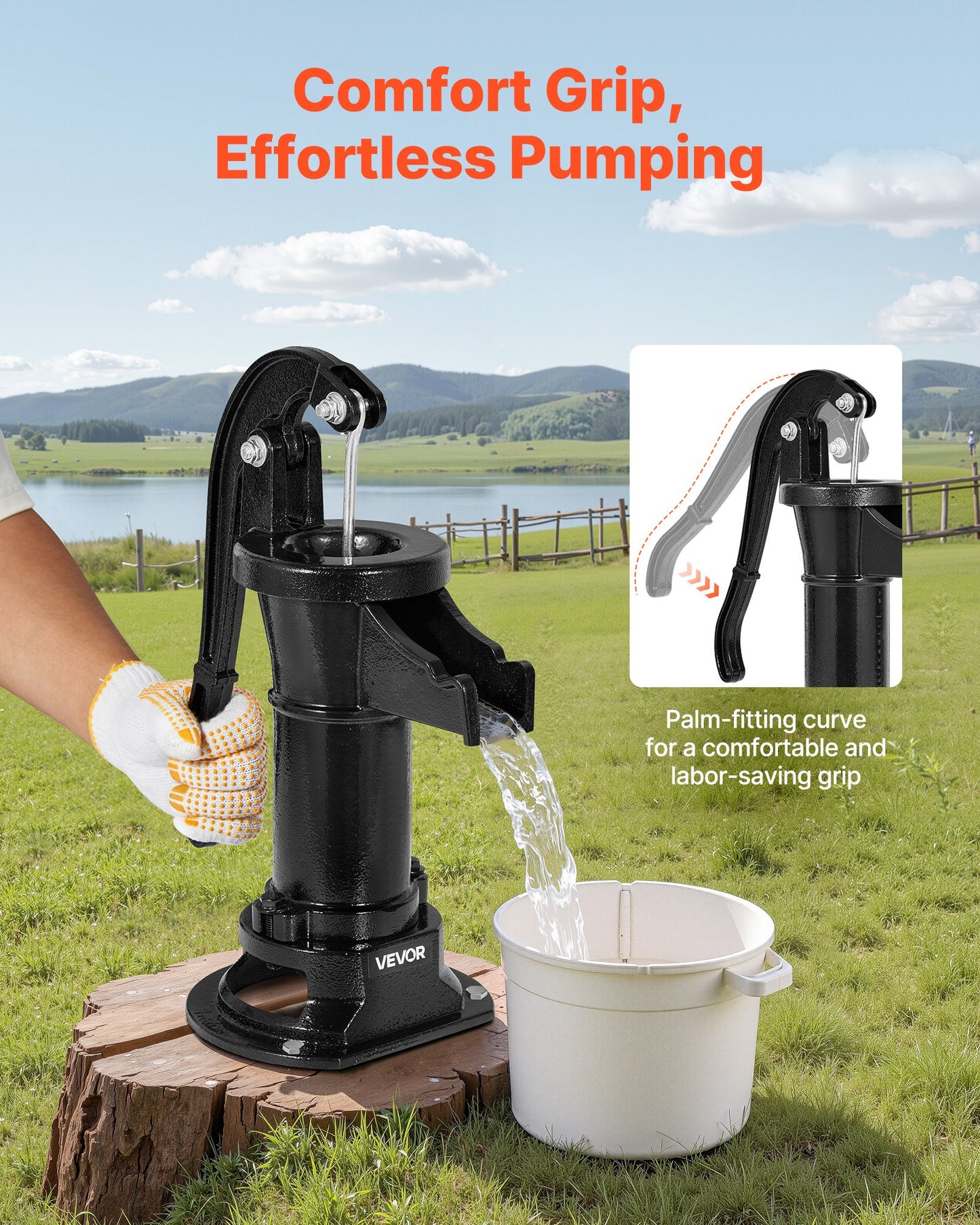 Well Hand Pitcher Pump, 25 ft Maximum Lift, Antique Cast Iron Manual Hand Water Pump, NPT 1-1/4 in Connection, Easy Installation, Old Fashioned for Outdoor Garden, Pond, Backyard, Farm, Black