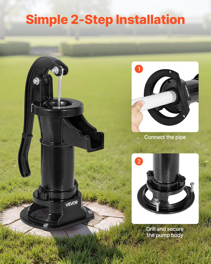 Well Hand Pitcher Pump, 25 ft Maximum Lift, Antique Cast Iron Manual Hand Water Pump, NPT 1-1/4 in Connection, Easy Installation, Old Fashioned for Outdoor Garden, Pond, Backyard, Farm, Black