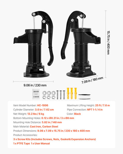 Well Hand Pitcher Pump, 25 ft Maximum Lift, Antique Cast Iron Manual Hand Water Pump, NPT 1-1/4 in Connection, Easy Installation, Old Fashioned for Outdoor Garden, Pond, Backyard, Farm, Black