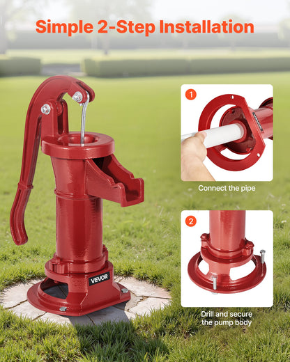 Well Hand Pitcher Pump, 25 ft Maximum Lift, Antique Cast Iron Manual Hand Water Pump, NPT 1-1/4 in Connection, Easy Installation, Old Fashioned for Outdoor Garden, Pond, Backyard, Farm, Red