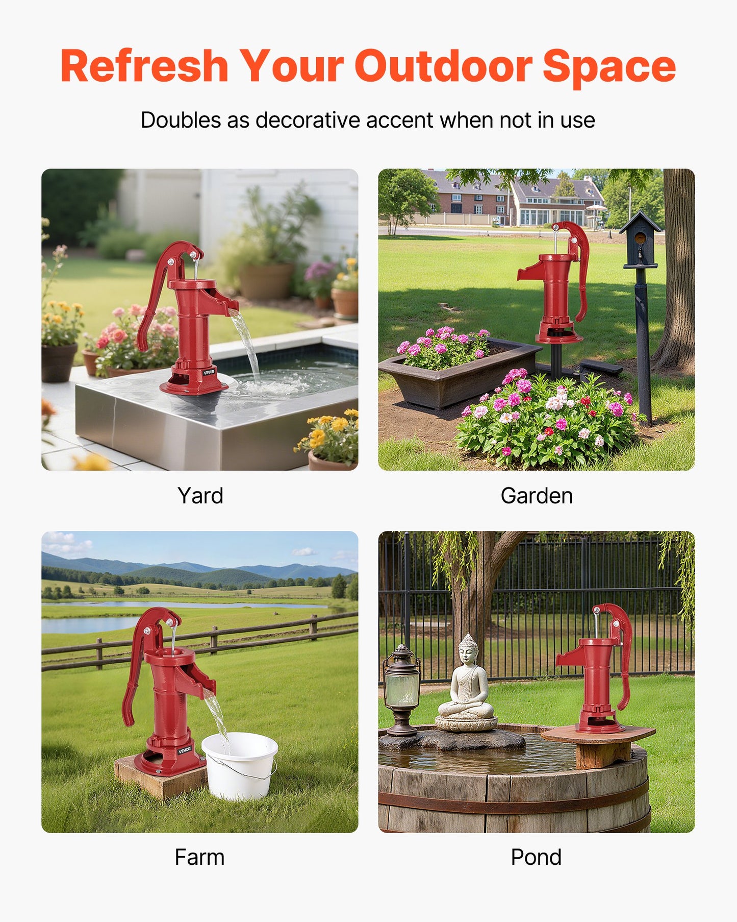 Well Hand Pitcher Pump, 25 ft Maximum Lift, Antique Cast Iron Manual Hand Water Pump, NPT 1-1/4 in Connection, Easy Installation, Old Fashioned for Outdoor Garden, Pond, Backyard, Farm, Red