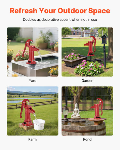 Well Hand Pitcher Pump, 25 ft Maximum Lift, Antique Cast Iron Manual Hand Water Pump, NPT 1-1/4 in Connection, Easy Installation, Old Fashioned for Outdoor Garden, Pond, Backyard, Farm, Red