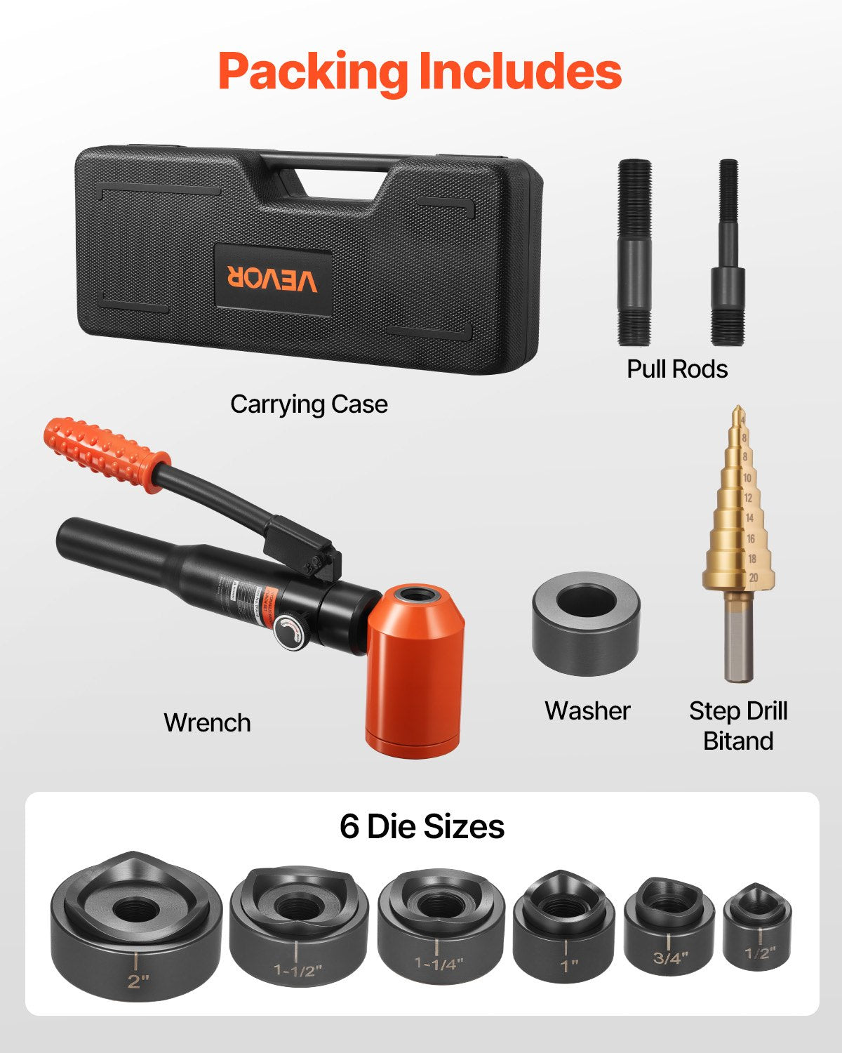 Knockout Punch Set, 10 Ton Hydraulic Knockout Set, 1/2" to 2" KO Tool Kit Hole Making Tool, KO Tools Kit W/6 Dies for Metal Electrical Cabinets, Electrical Control Cabinets, Switch Cabinets