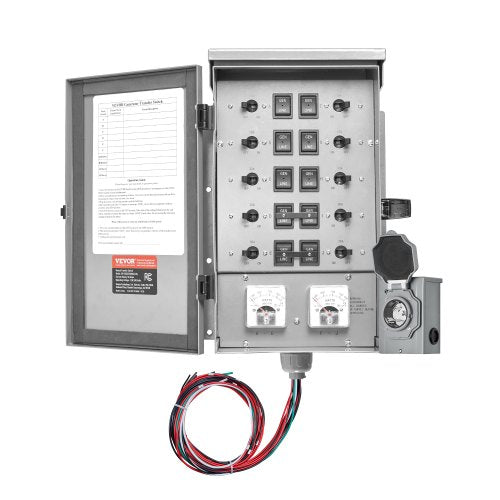 Manual Transfer Switch, 50-Amp 10-Circuit, Prewired Generator Transfer Switch Kit with CS6375 Plug Power Inlet Box, Double-Throw Switch, NEMA 3R, Mechanical Watt Meter, for 12500W Generators