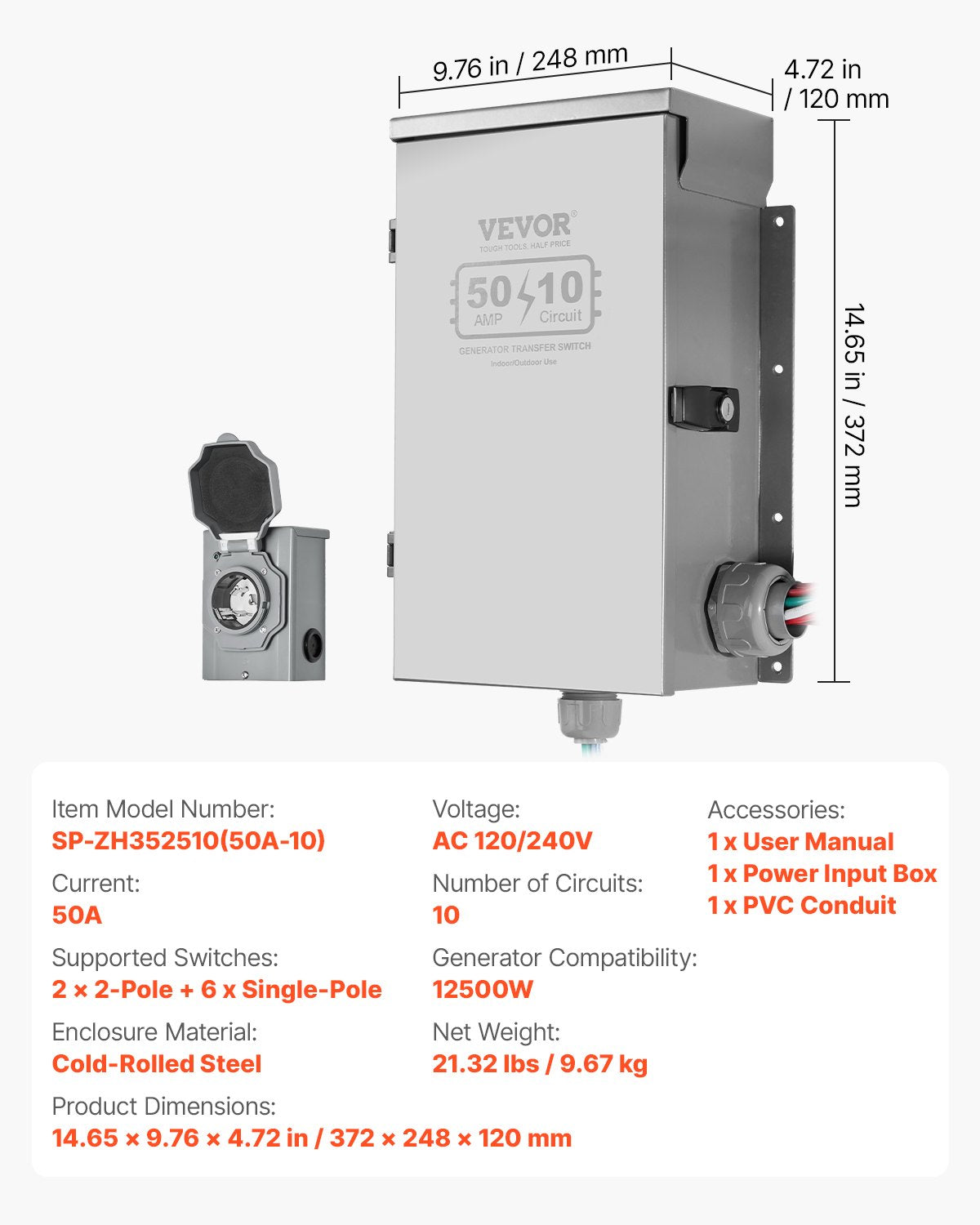 Manual Transfer Switch, 50-Amp 10-Circuit, Prewired Generator Transfer Switch Kit with CS6375 Plug Power Inlet Box, Double-Throw Switch, NEMA 3R, Mechanical Watt Meter, for 12500W Generators