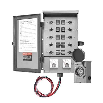 Manual Transfer Switch, 30-Amp 10-Circuit, Prewired Generator Transfer Switch Kit with NEMA L14-30P Power Inlet Box, Double-Throw Switch, NEMA 3R, Mechanical Watt Meter, for 7500W Generators