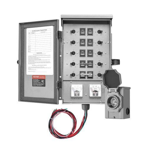 Manual Transfer Switch, 30-Amp 10-Circuit, Prewired Generator Transfer Switch Kit with NEMA L14-30P Power Inlet Box, Double-Throw Switch, NEMA 3R, Mechanical Watt Meter, for 7500W Generators