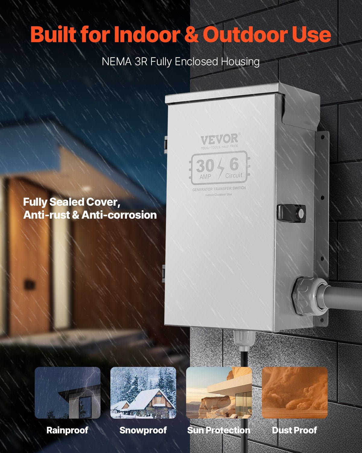 Manual Transfer Switch, 30-Amp 6-Circuit, Prewired Generator Transfer Switch Kit with NEMA L14-30P Power Inlet Box, Double-Throw Switch, NEMA 3R, Mechanical Watt Meter, for 7500W Generators