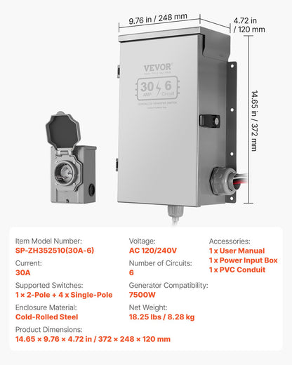 Manual Transfer Switch, 30-Amp 6-Circuit, Prewired Generator Transfer Switch Kit with NEMA L14-30P Power Inlet Box, Double-Throw Switch, NEMA 3R, Mechanical Watt Meter, for 7500W Generators