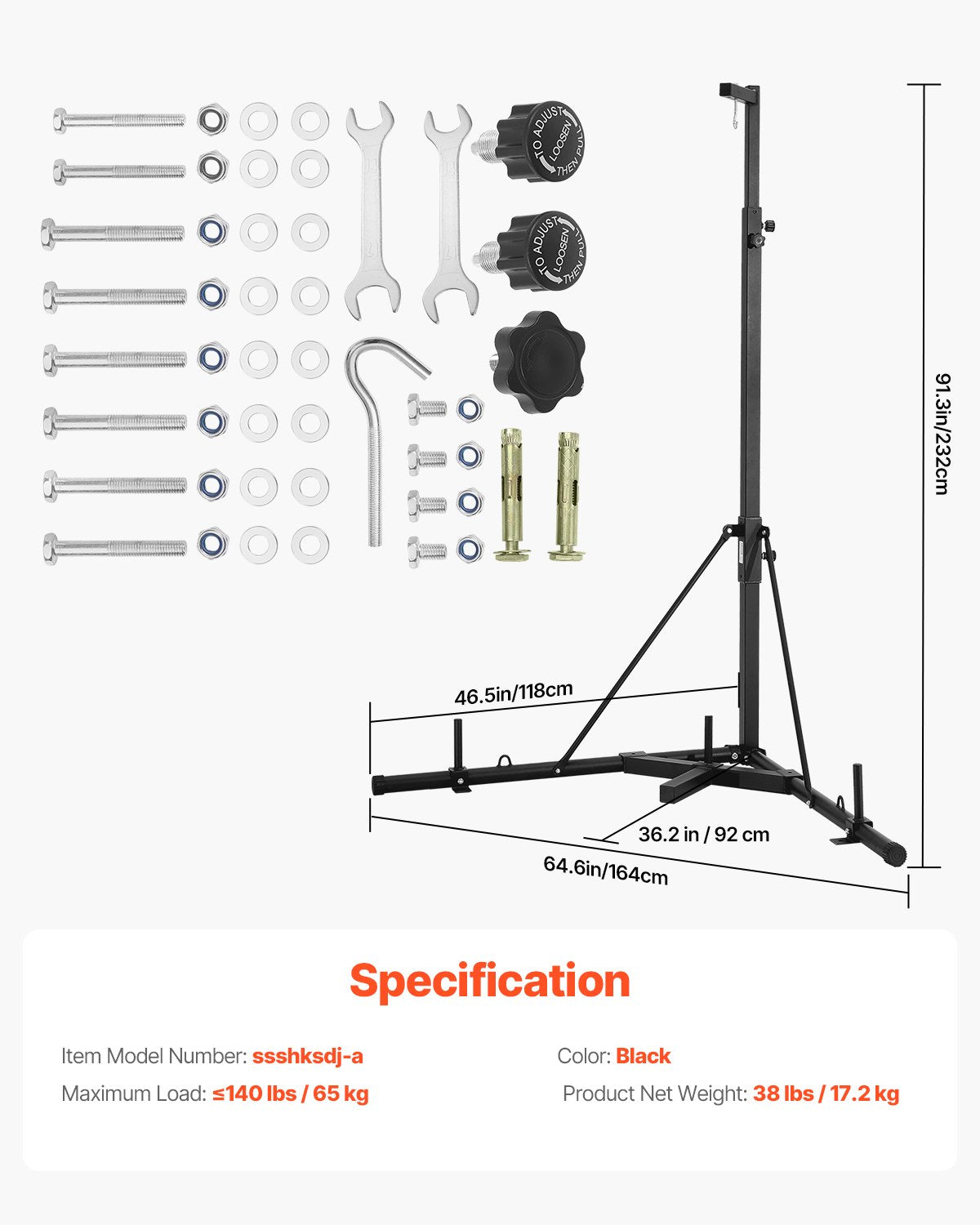 Punching Bag Stand, Steel Heavy Duty Workout Training Equipment, Adjustable Height Boxing Punching Stand with Weighted Base, Holds Up to 140 lbs, Freestanding Sandbag Rack for Home Gym Fitness