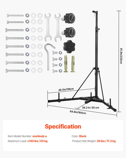 Punching Bag Stand, Steel Heavy Duty Workout Training Equipment, Adjustable Height Boxing Punching Stand with Weighted Base, Holds Up to 140 lbs, Freestanding Sandbag Rack for Home Gym Fitness