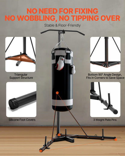 2 in 1 Punching Bag Stand, Steel Heavy Duty Workout Equipment, Adjustable Height Boxing Punching Bag Stand with Pull Up Bar, Freestanding Sandbag Rack, Holds Up to 140 lbs, for Home Gym Fitness