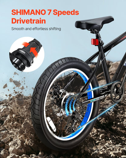 Mountain Bike, 20 inch MTB Bicycle with 7 Speeds SHIMANO Twist Shifting, Comfort Saddle, Dual Disc Brakes, High Carbon Steel Frame, Fat Tire Sport Cycling Bicycle for Trail Snow