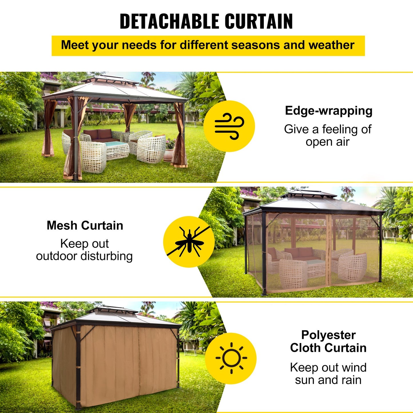 Patio Gazebo 10x12ft Hardtop Gazebo Gazebo with Mosquito Net Outdoor Gazebo Patio Tent Garden Awnings Replacement Canopy Double Roof Gazebo For Patios Garden Home Lawn Brown