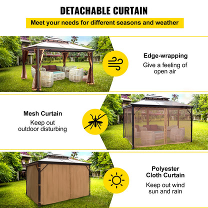 Patio Gazebo 10x12ft Hardtop Gazebo Gazebo with Mosquito Net Outdoor Gazebo Patio Tent Garden Awnings Replacement Canopy Double Roof Gazebo For Patios Garden Home Lawn Brown