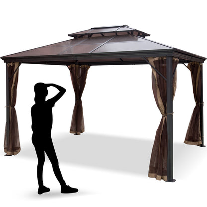 Patio Gazebo 10x12ft Hardtop Gazebo Gazebo with Mosquito Net Outdoor Gazebo Patio Tent Garden Awnings Replacement Canopy Double Roof Gazebo For Patios Garden Home Lawn Brown