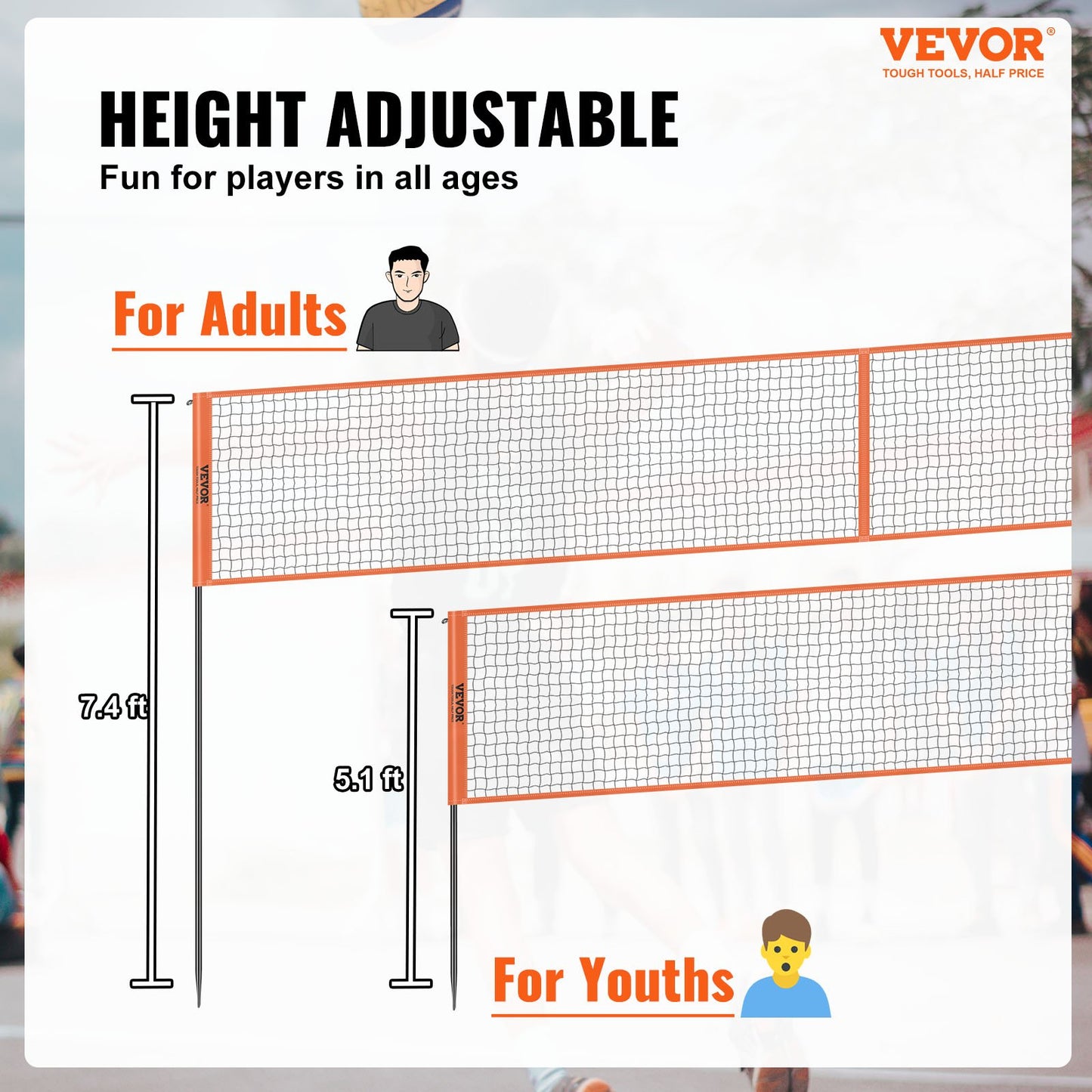 4-Way Volleyball Net, Adjustable Height Badminton Net Set for Beach Lawn Backyard, Portable Outdoor Volleyball Net with Carrying Bag, 4 Square Quick Assembly Game Set for Kids and Adults