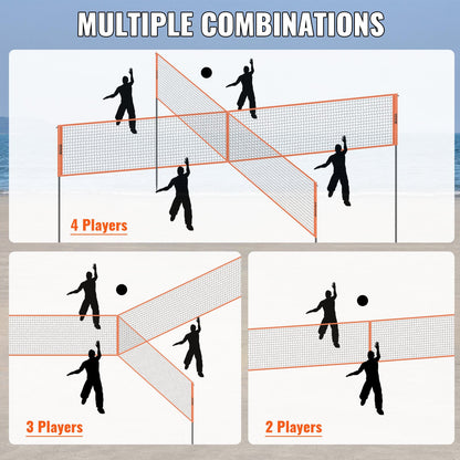 4-Way Volleyball Net, Adjustable Height Badminton Net Set for Beach Lawn Backyard, Portable Outdoor Volleyball Net with Carrying Bag, 4 Square Quick Assembly Game Set for Kids and Adults