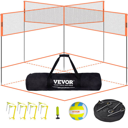 4-Way Volleyball Net, Adjustable Height Badminton Net Set for Beach Lawn Backyard, Portable Outdoor Volleyball Net with Carrying Bag, 4 Square Quick Assembly Game Set for Kids and Adults
