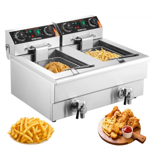Commercial Deep Fryer, Dual Tank 3000W Electric Countertop Fryer with Basket, 2 x 11.6Qt/11L Double Stainless Steel Oil Fryer with Oil Filtration, Time & Temp Control, for Kitchen Restaurant Use