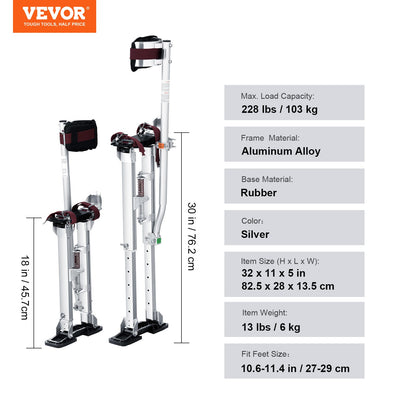 Drywall Stilts, 18''-30'' Adjustable Aluminum Tool Stilts with Protective Knee Pads, Durable and Non-Slip Work Stilts for Sheet Metal Painting, Walking, Taping, Silver