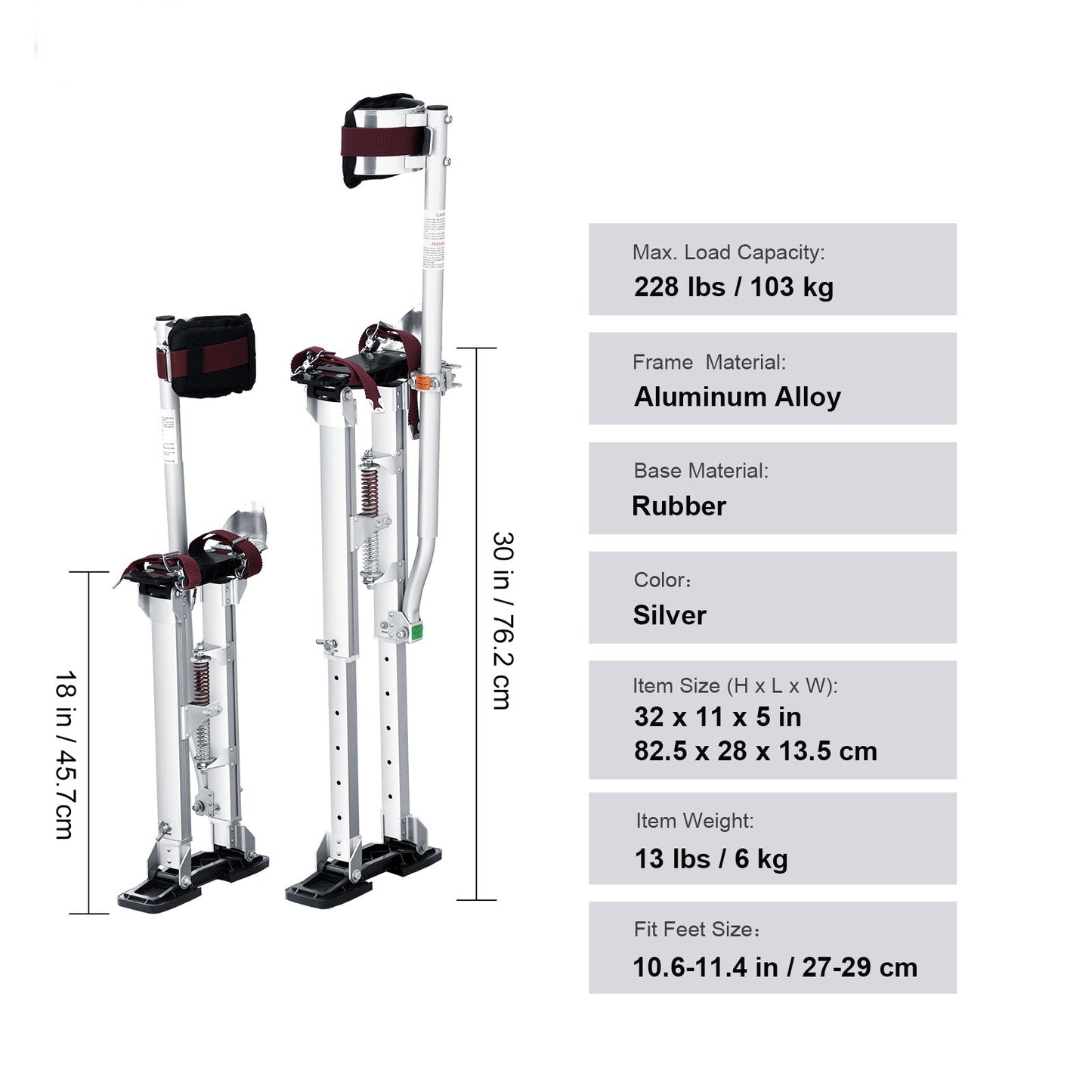 Drywall Stilts, 18''-30'' Adjustable Aluminum Tool Stilts with Protective Knee Pads, Durable and Non-slip Work Stilts for Sheetrock Painting, Walking, Taping, Silver