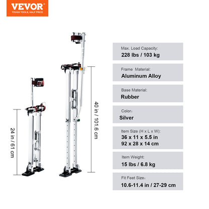 Drywall Stilts, 24''-40'' Adjustable Aluminum Tool Stilts with Protective Knee Pads, Durable and Non-slip Work Stilts for Sheetrock Painting, Walking, Taping, Silver