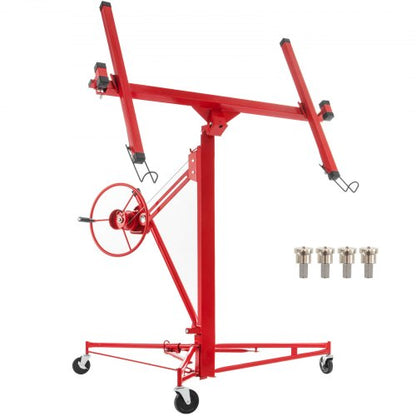 Drywall Rolling Lifter Panel, 11ft Sheetrock Lift Drywall Lift, 150lb Weight Capacity Panel Hoist Jack Tool, Steel Material with Telescopic Arm & 3 Lockable Wheels, 48x192 in Plasterboard Size
