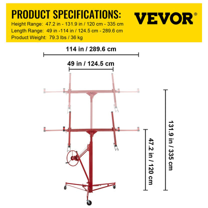 Rollheber für Trockenbauplatten, 3,35 m Sheetrock-Hebebühne, Trockenbau-Hebebühne, 68 kg Tragkraft, Plattenheber-Werkzeug, Stahlmaterial mit Teleskoparm und 3 feststellbaren Rädern, 122 x 483 cm Trockenbaugröße