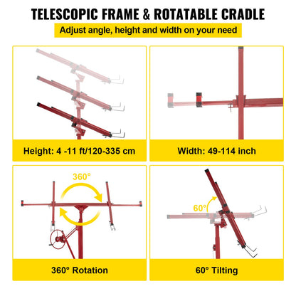 Drywall Rolling Lifter Panel, 11ft Sheetrock Lift Drywall Lift, 150lb Weight Capacity Panel Hoist Jack Tool, Steel Material with Telescopic Arm & 3 Lockable Wheels, 48x192 in Plasterboard Size