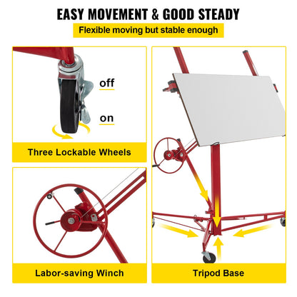 Drywall Rolling Lifter Panel, 11ft Sheetrock Lift Drywall Lift, 150lb Weight Capacity Panel Hoist Jack Tool, Steel Material with Telescopic Arm & 3 Lockable Wheels, 48x192 in Plasterboard Size