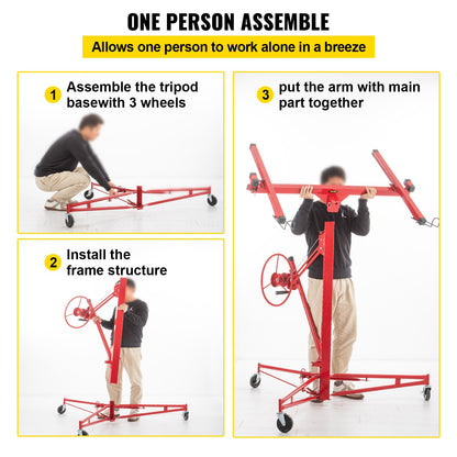 Drywall Rolling Lifter Panel, 11ft Sheetrock Lift Drywall Lift, 150lb Weight Capacity Panel Hoist Jack Tool, Steel Material with Telescopic Arm & 3 Lockable Wheels, 48x192 in Plasterboard Size