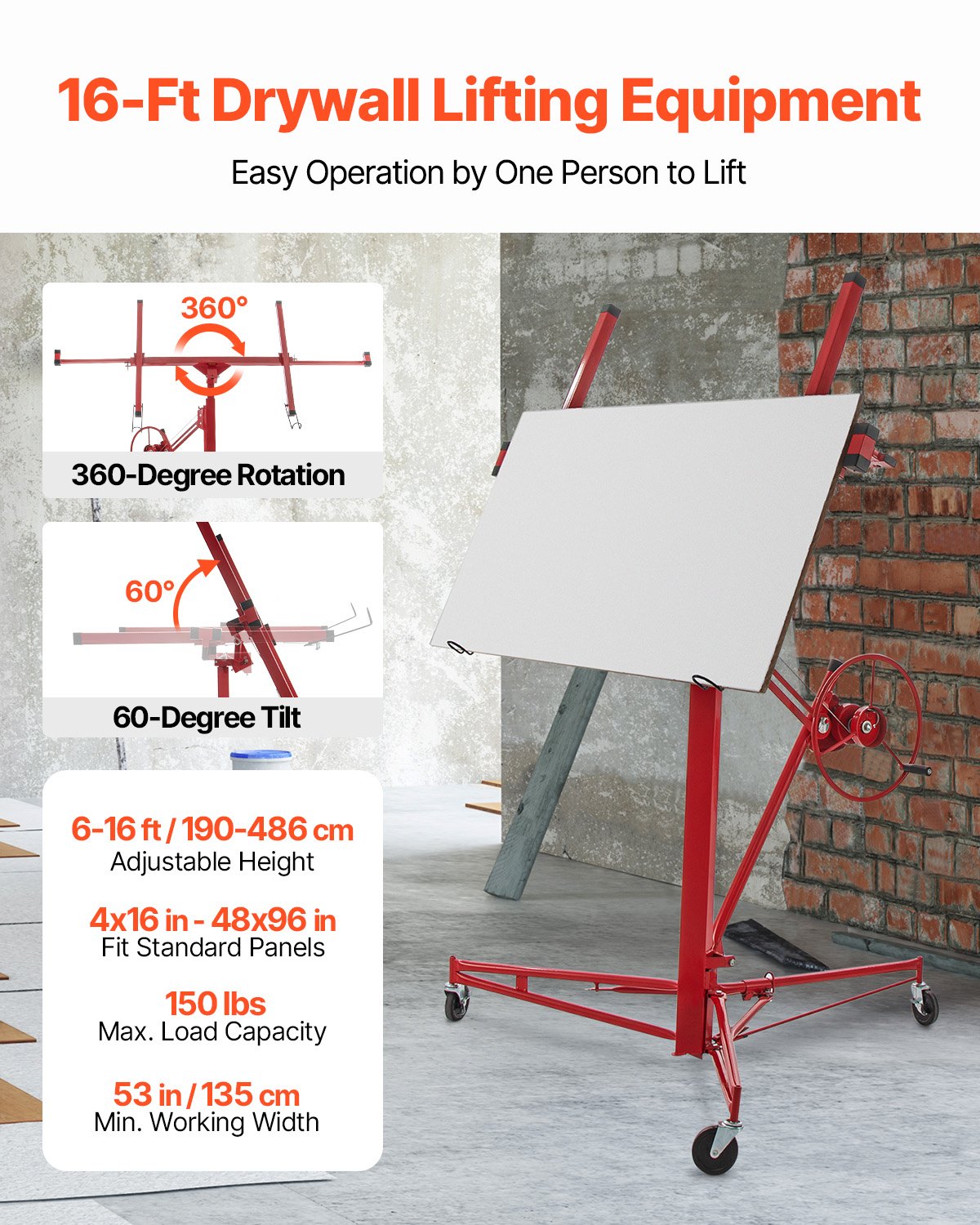 Drywall Rolling Lifter Panel, 16ft Sheetrock Lift Drywall Lift, 150lb Weight Capacity Panel Elevator Jack Tool, Steel Material with Telescopic Arm and 3 Lockable Wheels, 48x192 in Drywall Size